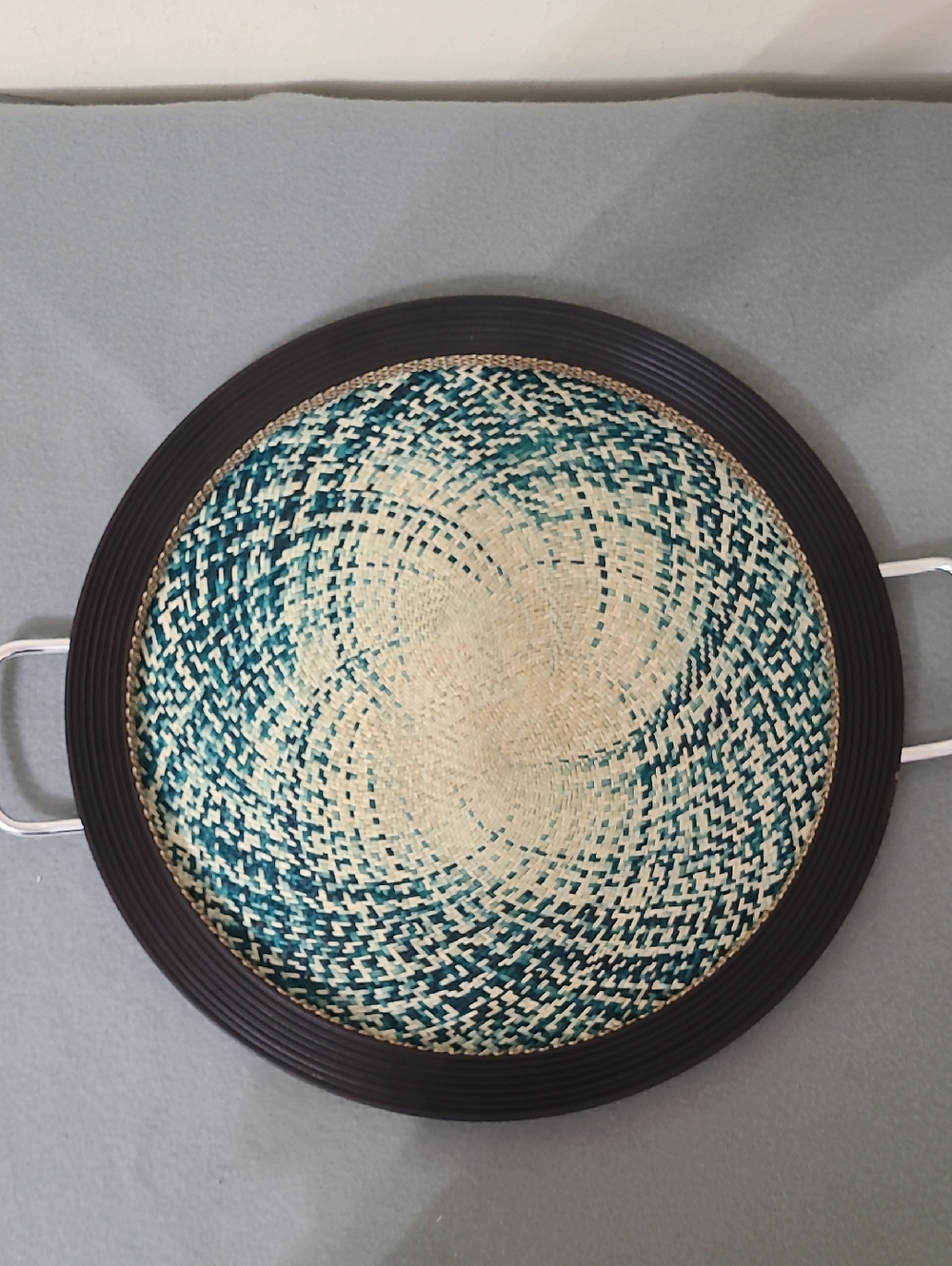Woven Round Serving Tray Teal & Natural Pattern Silver Handles -Made in Columbia